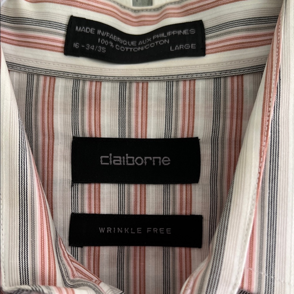 Claiborne Red and Blue Striped Collard Dress Shirt Pearl Gray Buttons Cotton - Picture 2 of 6
